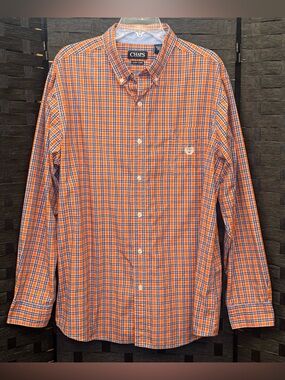 Chaps easy care Men's Plaid Orange and Navy Blue Long Sleeve Button-Down Shirt